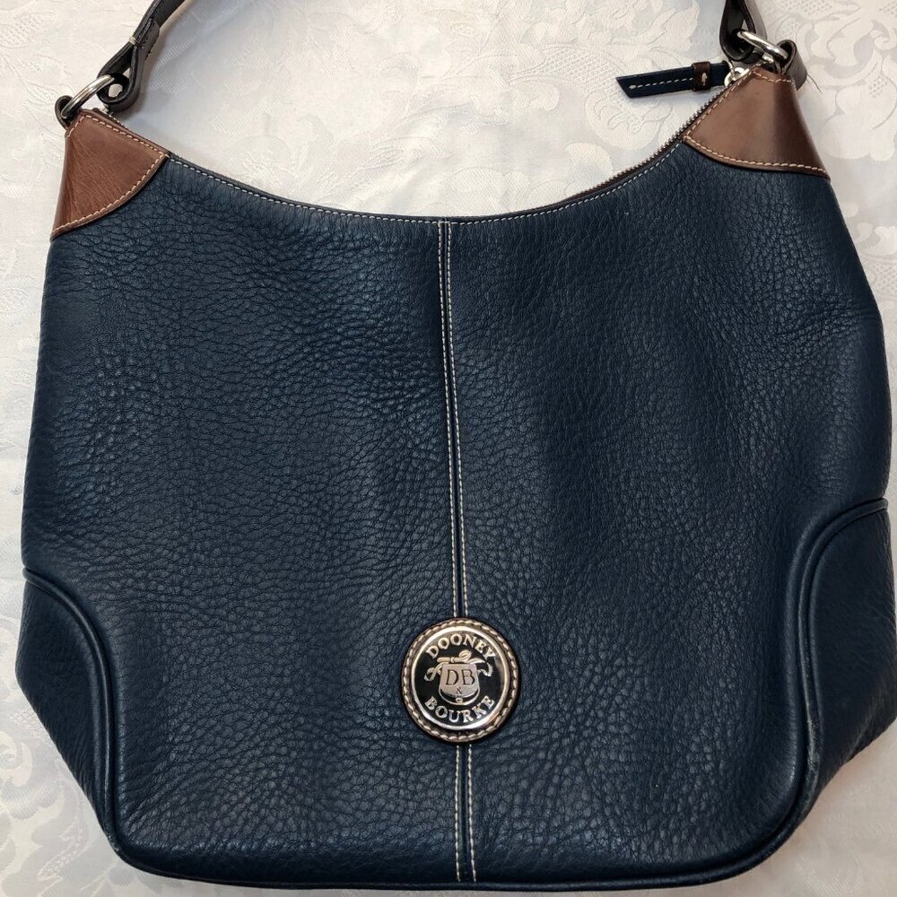 Dooney & Bourke Navy Blue Pebbled Leather Round Logo Zipper Hobo Shoulder Bag